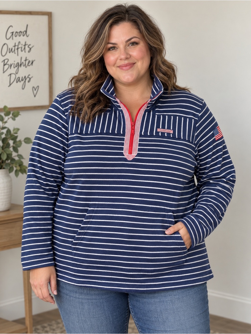 Vineyard Vines Women’s 3X Shep Shirt Pullover Navy White Stripe USA Flag Cotton